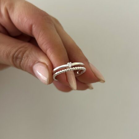 Anillo doble bolitas y circonia plata 925
